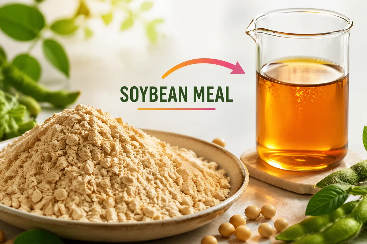 Soybean meal powder in a dish next to a beaker of clear amber amino-acid liquid made from it